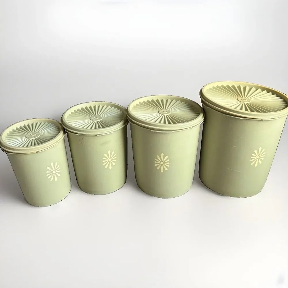 Vtg Tupperware Servalier Nesting Canister Set 1970s Retro Avocado Green Sunburst